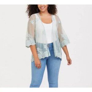 TORRID Mesh Mint Green Open Front Kimono Womens Size 2 Sheer Lace